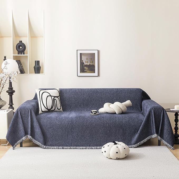 MEETSKY Washable Sofa Cover Navy Blue Sectional Couch Covers for 2 Cushion Couch Sofa Thick Universal Chenille Sofa Covers with Tassel Furniture Protector for Dogs, 71"x 102"
