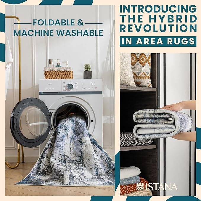 Istana Hallway Runner Rug 2.5x8 - Grey Navy Kitchen Rugs Non Slip Washable -Silk's Soft Touch Carpet Runner - Stylish Rugs for Home