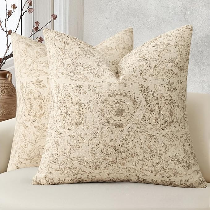 Vintage Floral Print Throw Pillow Covers 18x18 Set of 2 Neutral Modern Farmhouse Pillowcases Accent Decorative Cushion Covers Boho Home Decor for Couch Sofa Chair Bed Living Room, Natural Beige