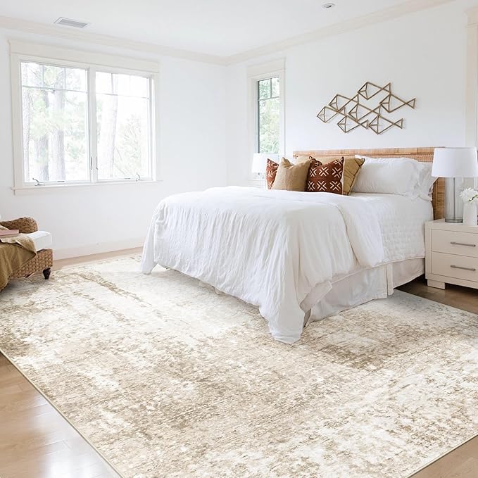 8x10 Area Rugs Washable Rug, Soft Modern Abstract Rugs for Living Room Large Low Pile Thin Rug Non Slip Indoor Neutral Carpet for Bedroom Dining Room Farmhouse Office Kids Playroom Beige
