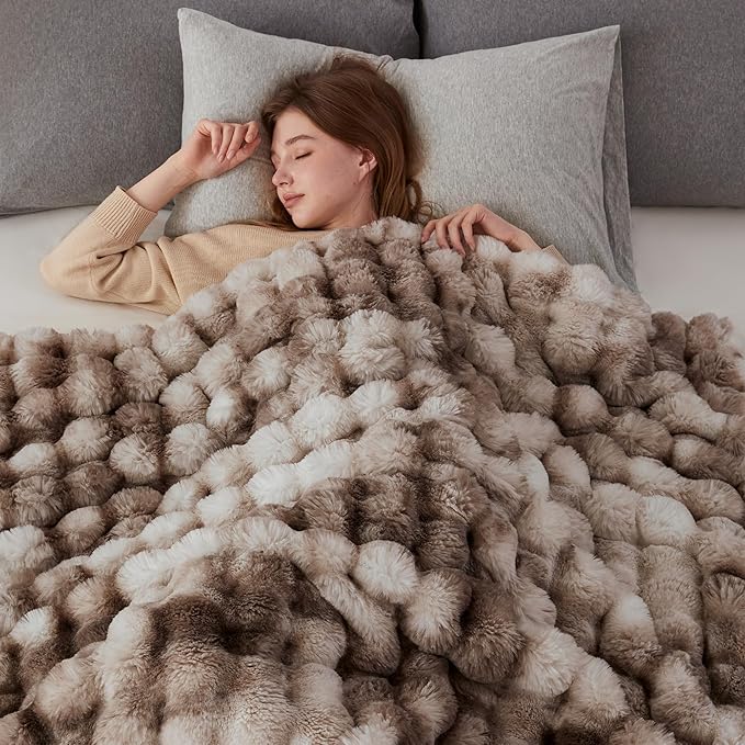 COOVA Faux Fur Throw Blanket for Couch, Cozy Soft and Fuzzy Plush Rabbit Fur Bubble Blanket for Sofa Bedroom Living Room, 60x80 Inches Tie Dye Brown