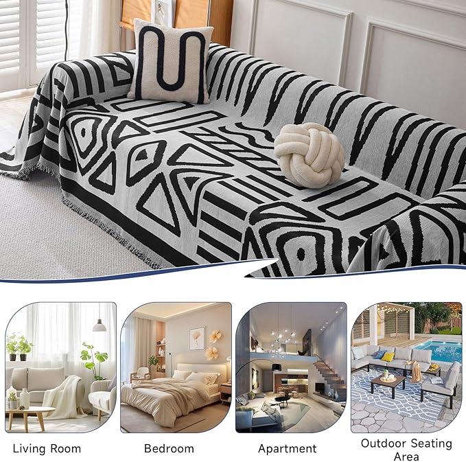 VClife Boho Couch Cover for 3 Cushion Couch Chenille Sofa Cover for Sectional Sofa, Modern Sofa Slipcover Washable Couch Covers for L-Shape Sofa Reversible Sofa Protector, Gray, 71''x134''