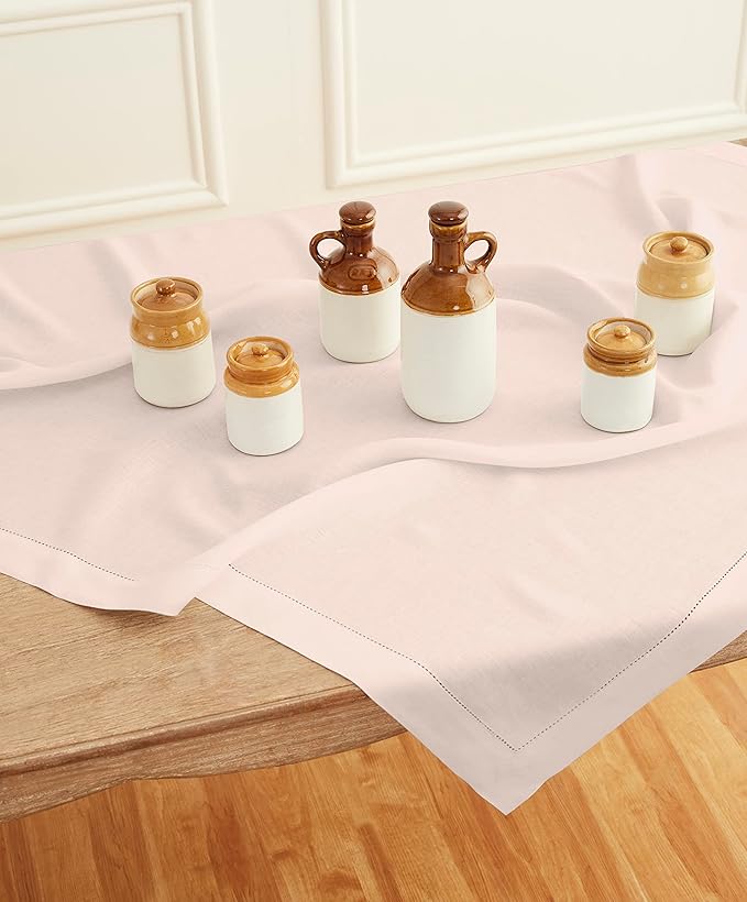 Solino Home Pink Linen Tablecloth 52 x 52 Inch - 100% Pure Linen Square Table Throw - Classic Hemstitch, Machine Washable Table Cloth
