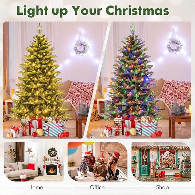 Happygrill 6 FT Pre-Lit Artificial Christmas Tree, Hinged Xmas Tree w/1168 Branch Tips, 350 LED Lights, 11 Lighting Modes, 3 Auto Timers, 4-Level Brightness & Remote Control, Decoration Tree for Party