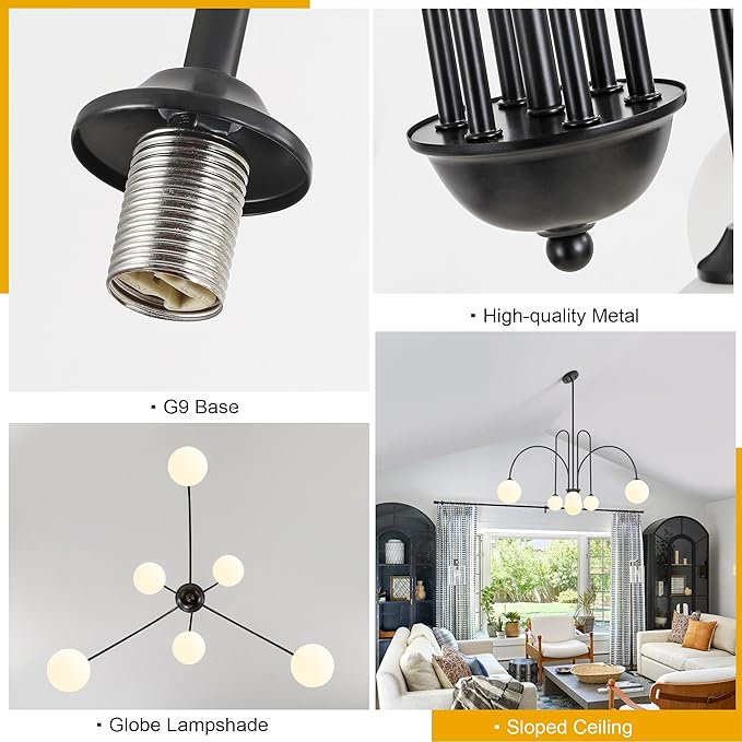 Black Sputnik Chandelier,6 Lights Modern Chandelier for Dining Room Mid Century Chandelier Large L49” Ceiling Pendant Light Fixtures with Milk Glass Globe Shades for High Ceiling Foyer Living Room