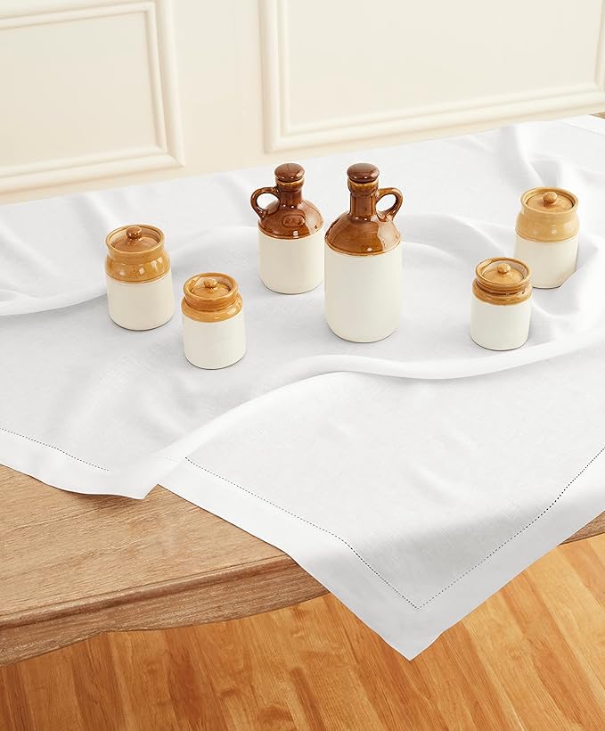 Solino Home White Linen Tablecloth 52 x 52 Inch - 100% Pure Linen Square Table Throw - Classic Hemstitch, Machine Washable Table Cloth for Fall, Autumn, Winter, Thanksgiving, Holiday