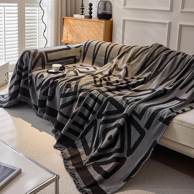 DREAMINGO Boho Couch Cover Washable Chenille Sofa Cover Blanket Dark Grey Black Furniture Protector for Sectional 3 Cushion Couch Reversible Geometric Sofa Slipcover, X-Large 71"x134"