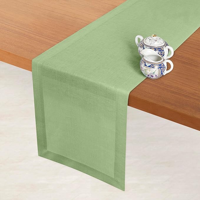 D'Moksha Homes Linen Sage Green Table Runner 144 Inches Long - 100% Pure Linen Extra Long Table Runner 14 x 144 Inch for Winter, Christmas, Holiday - Machine Washable