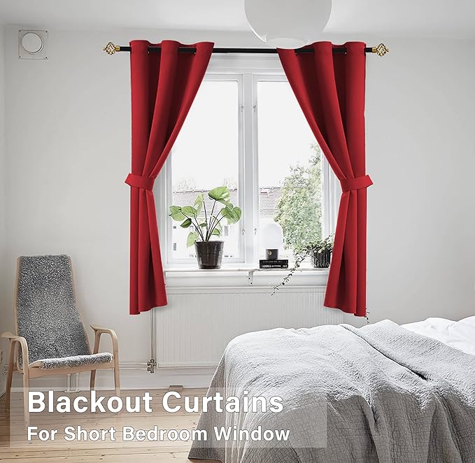 KOUFALL Red Kitchen Curtains,Short Blackout Window Curtains for Bathroom,45 Inch Length,Sets of 2 Piece