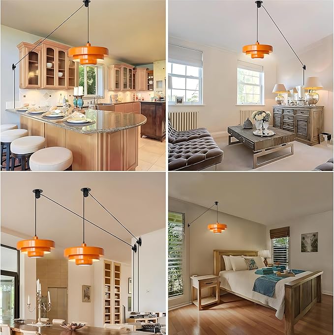 Plug in Pendant Light, Mid Century Orange Hanging Lights with Plug in Cord, 3-Layer Metal Shade, Adjustable Pulley, Dimmable, Vintage Hanging Lamp for Bedroom, Kitchen Island, Dining Room