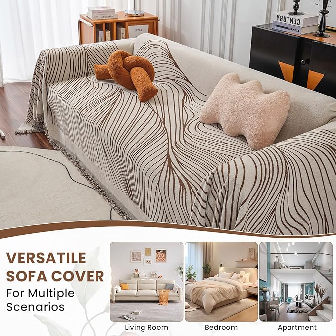 VClife XL Sofa Cover Chenille Couch Cover for 3 Cushion Couch Sofa, Modern Beige Chocolate Striped Couch Covers for Kids Washable Sectional Sofa Protector with Tassel 71"X134"