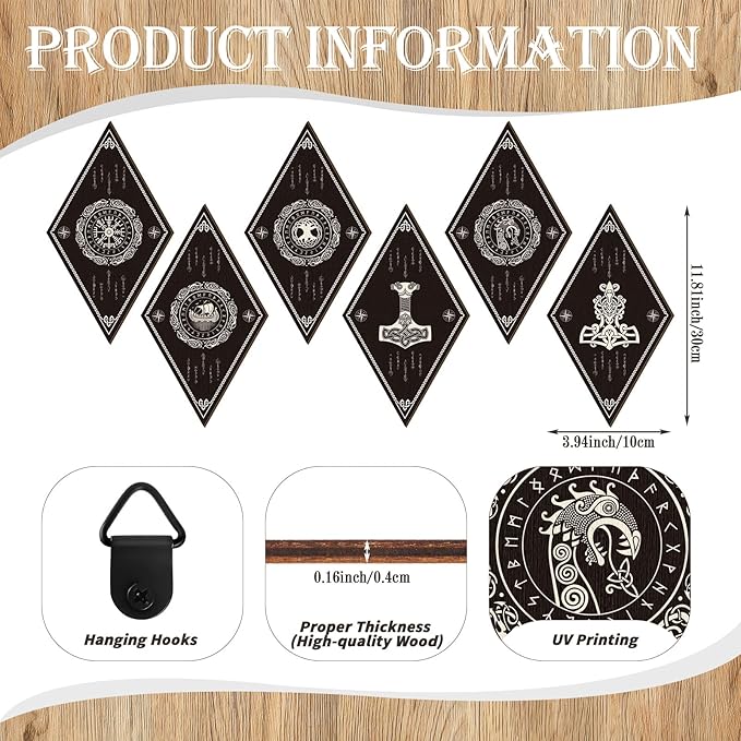 Nuenen 6 Pcs Nordic Vikings Wood Sign Celtic Drakkar Rune Wall Decor Scandinavian Vikings Boat Hanging Wooden Signs Mediaeval Wall Plaque for Christmas Home Kitchen Mythology Runes Artwork Pagan Gifts