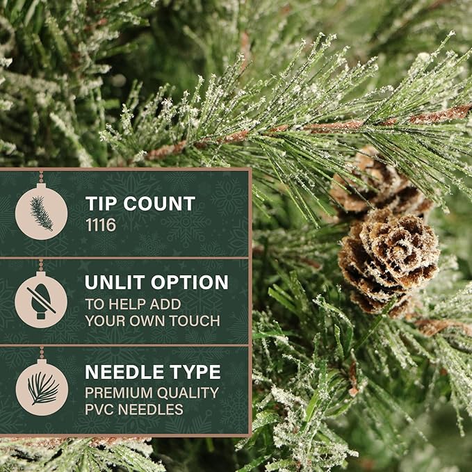 Fraser Hill Farm 7.5-Ft. Buffalo Fir Flocked Artificial Christmas Tree with Stand, Unlit Foldable Fake Tree with Realistic Snowy Foliage for Home Decoration