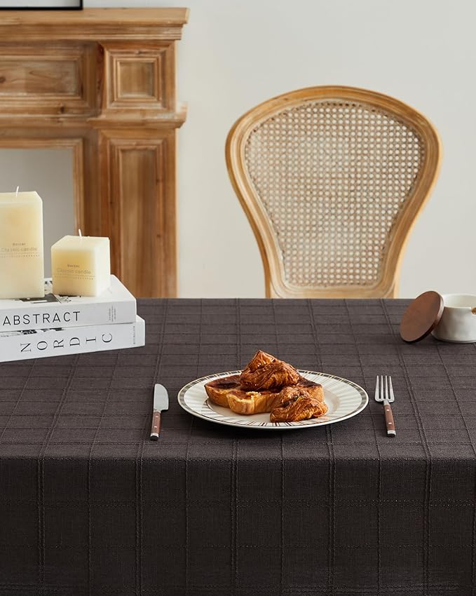 ZeeMart Linen Checked Table Cloth, Farmhouse Style Plaid Embroidered Charcoal Tablecloth, Water Resistant Square Table Cloth, Charcoal 52x52 Inches