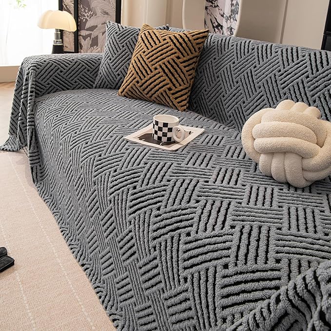 ROOMLIFE Striped Boho Blue Couch Cover for 2-3 Cushion Sofa, Fuzzy Plush Warm Sofa Slipcovers Sectional Sofas Covers, Non Slip Washable Furniture Protector Soft with Tassel,Winter 71''X134”