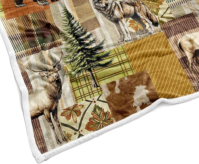 Cabin Blanket, Bear Deer Forest Wildlife Country Lodge Flannel Cozy Warm Bed Couch Blanket, Rustic Hunting Camping Animal White Fleece Flannel Throws to Decorate The Room and Bedroom