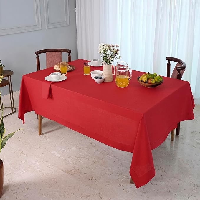 D'Moksha Homes Bright Red Linen Tablecloth 54 x 72 Inch - 100% Pure Linen Tablecloth for Rectangle Tables - Machine Washable Table Cloth for Fall, Thanksgiving, Christmas, Holiday