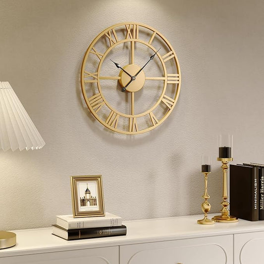 Cuspin Gold Wall Clock 16 Inch Metal Decorative Clock for Living Room, Battery-Operated Completely Silent Non Ticking Round Modern Wall Clock -Roman Number