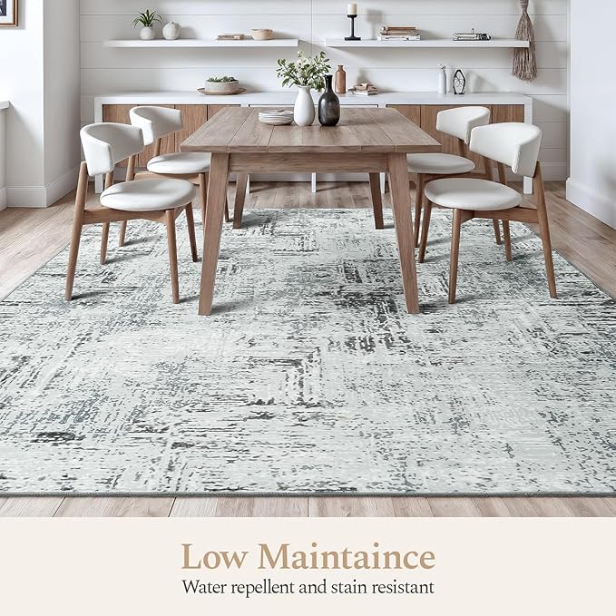 Rugflix 8x10 Washable Area Rugs, Neutral Boho Carpet Living Room Rug Non Slip Stain Resistant, Large Area Rug for Indoor Bedroom Dining Room Office, Blue/Grey