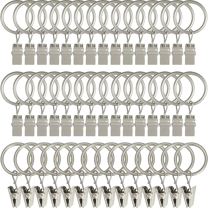 44 Pack Curtain Rings with Clips, Curtain Clip Rings Hooks, Bow Hanger Clips for Hanging Drapery Drapes Bows, Ring 1 inch Interior Diameter, Fits up to 5/8" Rod, Matte Silver