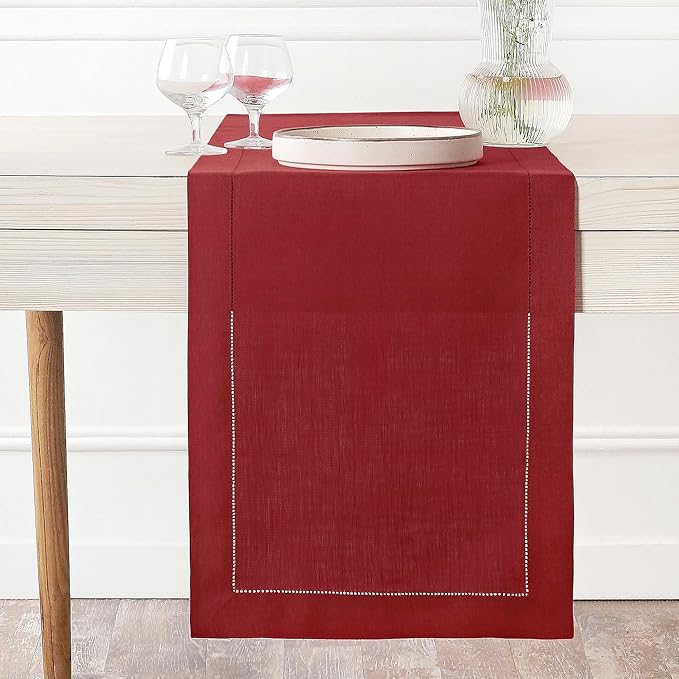 D'Moksha Homes Linen Red Table Runner 72 Inches Long - 100% Pure Linen Hemstitch Table Runner 14 x 72 Inch for Dresser, Dining, Winter, Christmas, Holiday - Classic Hemstitch