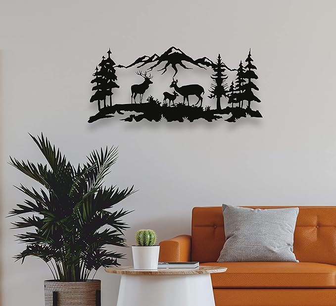 Metal Wall Art, Deer Family Wall Art, Metal Tree Decor, Wall Decor, Interior Decoration, Wall Hangings (24"W x 10"H / 60x26 cm)