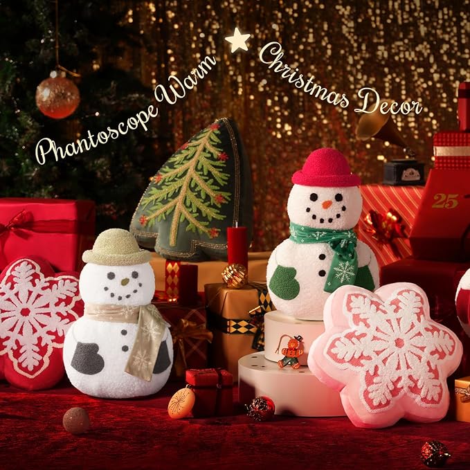 Phantoscope Merry Christmas Snowflake Shaped Throw Pillow, Velvet Xmas Embroidered Snowflake Pillow Decorative Christmas Cushion Pillow for Couch Living Room Bed, Pink, 16 x 16 inches