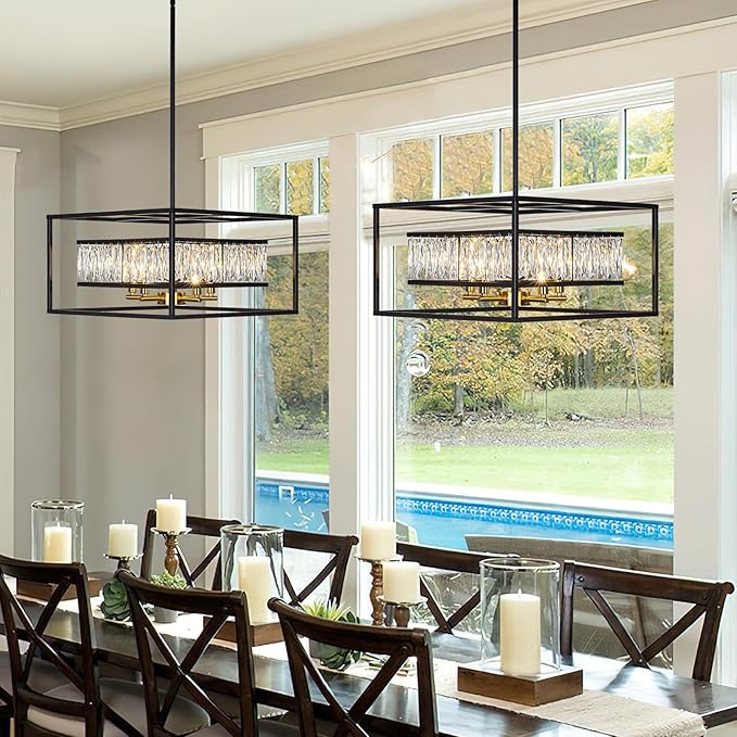Vezzio Black Crystal Foyer Entryway Chandelier Modern Farmhouse Square 5-Light Chandelier Light Fixture for Dining Room Kitchen Island Entrance Staircases Hallway