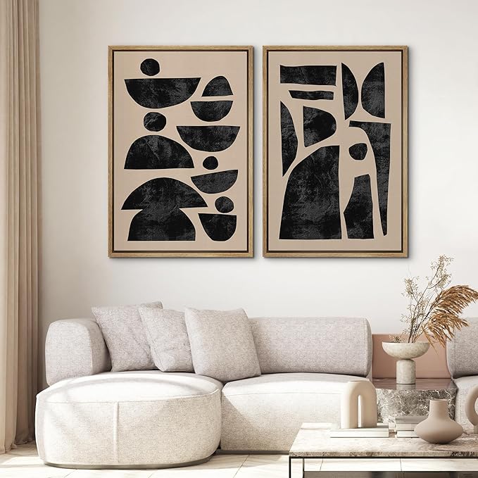 SIGNWIN Framed Canvas Print Wall Art Set Mid-Century Semi-Circle Polygons Variety Abstract Shapes Illustrations Modern Art Minimal Boho for Living Room, Bedroom, Office - 24"x36"x2 Natural