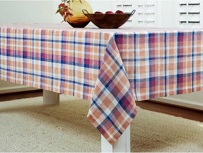 Solino Home Linen Plaid Tablecloth 60 x 90 Inch - 100% Pure Linen Fall Multicolor Table Cloth for Rectangle Tables - Thanksgiving, Autumn, Fall Flavors Madras, Machine Washable Tablecloth for Holiday