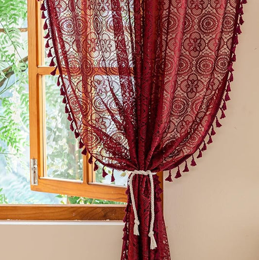 Burgundy Lace Curtains 84 inches Long 2 Panels Victorian Floral Maroon Lace Sheer Curtain Panels with Tassels Dark Red Christmas Curtains for Living Room Bedroom Privacy 59 W x 84 L Red Wine