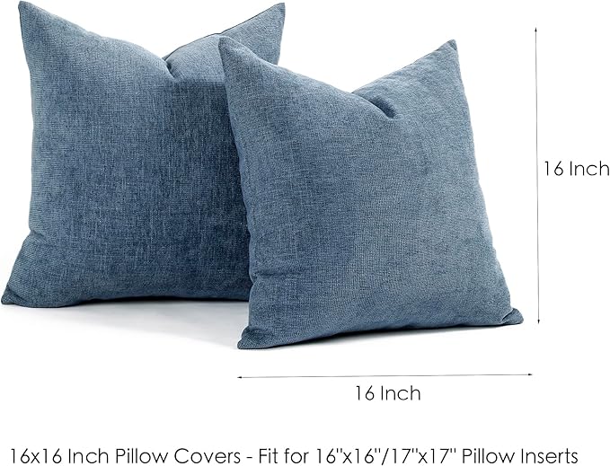 Jepeak 16x16 Inch Decorative Chenille Throw Pillow Covers, Pack of 2 Cozy Concise Pillow Cases Soft Farmhouse Modern Square Cushion Cover for Sofa Couch Bed Home Decor, Steelblue