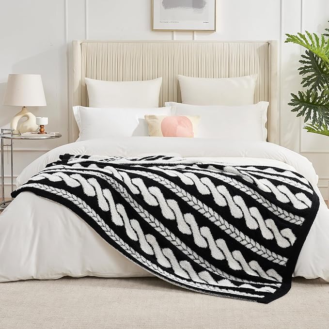 Amélie Home Cable Knit Throw Blanket for Couch, Bicolour Super Soft Fuzzy Blanket for Sofa, Luxury Cozy Fluffy Throw for Room Decor, 50" x 60", Cable Black & White