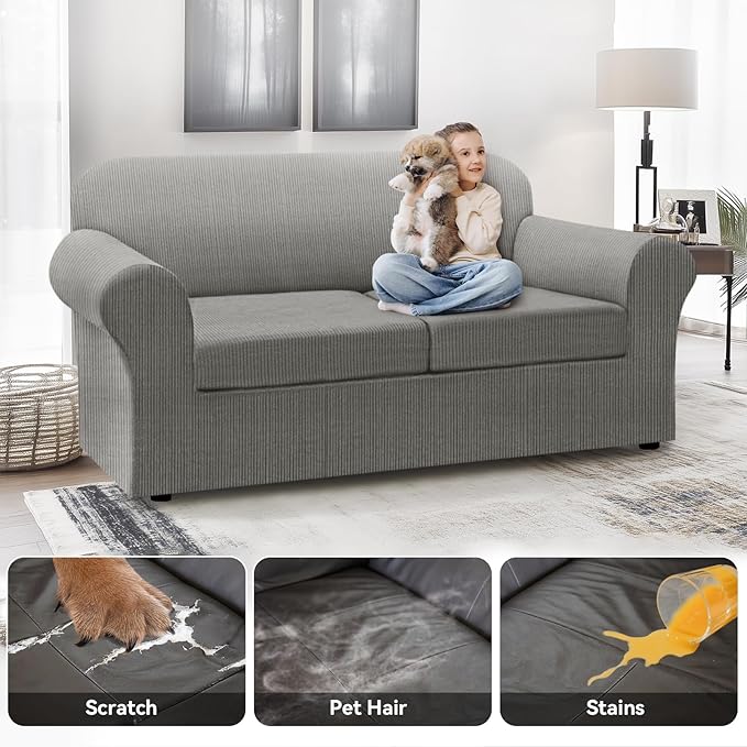 100% WaterproofCouch Cover 3-Piece Set Striped Sofa Slipcovers for 2 Cushion Couch Sofa Covers with TPU Leakproof Bottom Stretch Couch Protector Pet Proof - Sofa(2-Cushion), Gray