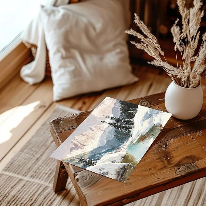 XOCUUI Vintage Unframed Canvas Wall Art, Snow Stream River Tree Cloud Winter Christmas Wall Art, Farmhouse Landscape Art Hanging Paintings for Living Room Bathroom Bedroom,8x10in