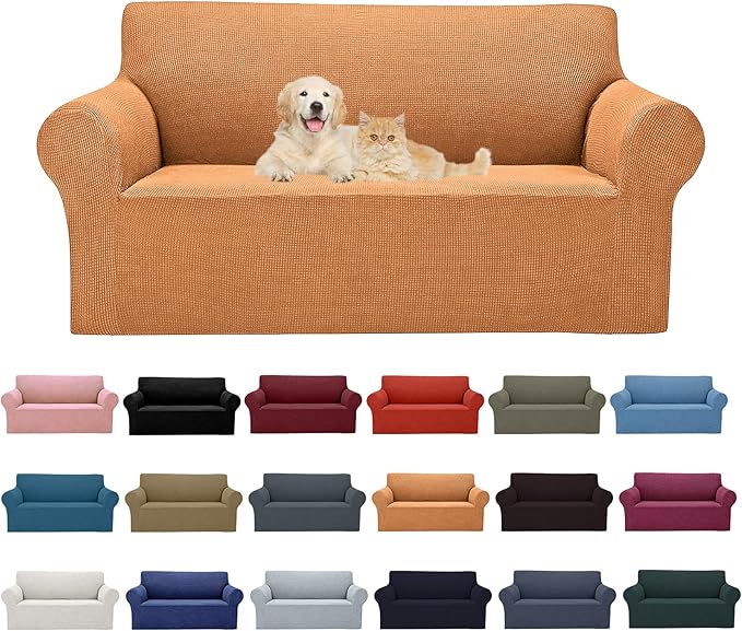 Cupuamon 2025 New Stretch Loveseat Sofa Slipcovers Couch Cover for 2 Cushion Furniture Protector Sofa Covers with Elastic Bottom Jacquard Fabric Small Checks for Pets, Kids - Golden