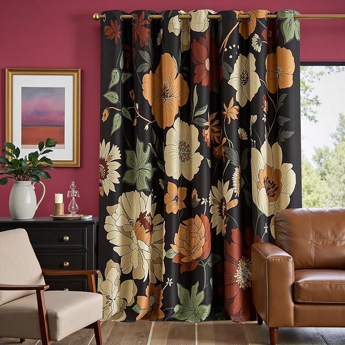 jinchan Lora Floral Curtain for Living Room Blackout Drape for Sliding Door Extra Wide Room Darkening Fall Decor Winter Vintage Flower Patterned Patio Door Curtain Grommet 1 Panel W100xL96 Inch Black