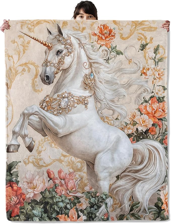 Elegant Unicorn Blanket, Cozy Flannel Gold Jewelry & Floral Throw Blanket, Soft Fuzzy Blankets for Travel Home Decor, All Season Lightweight Couch Bed Cover, Gifts for Women Adults Kids 40"×50"