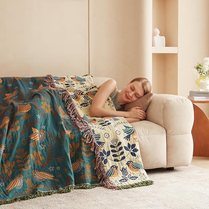 Boho Throw Blanket for Couch 100% Cotton Ultra Soft Rustic Quilt Birds and Floral Double Embroidery Fall Throw Blankets,50"×60" All Season Throws for Sofa Chair