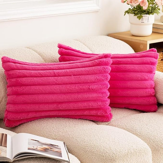 Double-Sided Faux Fur Plush Throw Pillow Covers 12x20 Set of 2 Fuzzy Striped Soft Cozy Pillowcase Luxury Decorative Pillows Rectangle Shaggy Cushion Covers for Couch Sofa Bed,Hot Pink