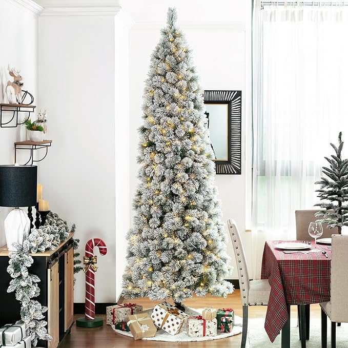 Glitzhome 9ft Prelit Christmas Tree, Flocked Pencil Artificial Christmas Tree with 500 Warm White Lights, Pine Christmas Trees w/Foldable Metal Stand for Home, Office, Party Decoration, Easy Assembly