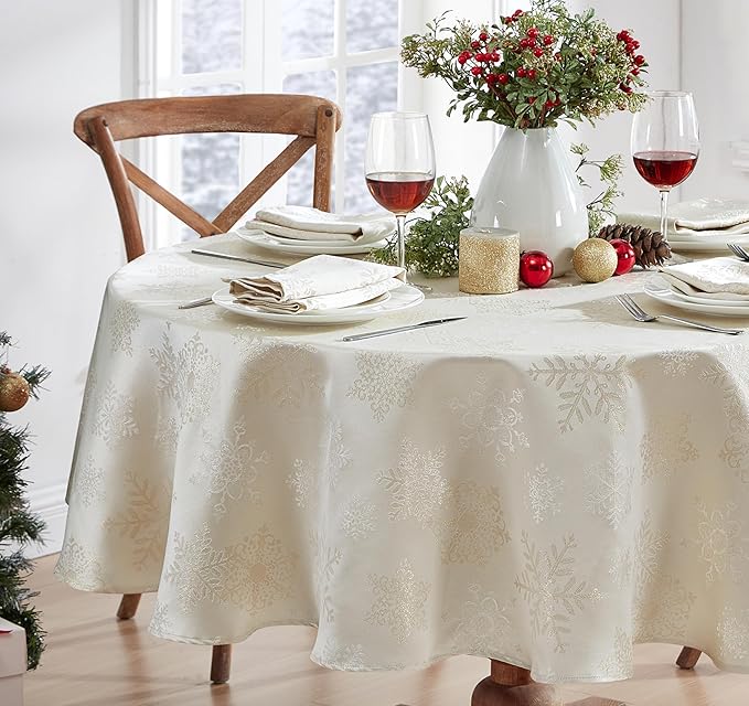 Newbridge Fancy Metallic Snowflake Christmas Fabric Tablecloth, 70 Inch Round, Ivory Gold, No-Iron Soil Resistant Sparkling Snowflakes Woven Holiday Table Cover