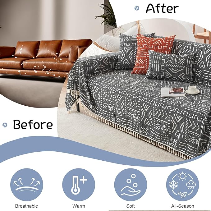 VClife Bohemian Couch Cover Sectional Sofa Cover Washable for L Shape Sofa, 1 PC Soft Chenille Couch Cover for 2 Cushion Couch - Boho Black White Jacquard Loveseat Slipcover for Couch Bed, 71" x 118"