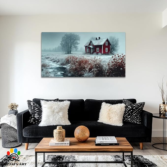 GUTTATY Winter Christmas Canvas Wall Art, Frosty Landscape Canvas Prints, Red Cottage and Nature Wall Hanging Artwork, Rustic Snowy Scene Picture Decor for Living Room, Bedroom, 32x16 Inch