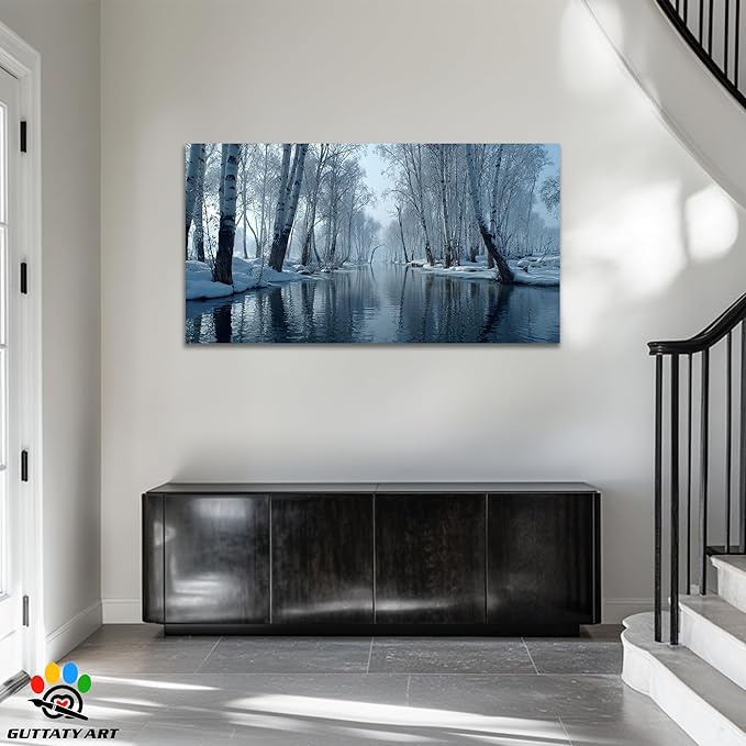 GUTTATY Christmas Winter Scene Canvas Wall Art, Snow Forest Canvas Prints, Tranquil Birch Tree Pictures, Serene Blue Wall Decor for Living Room, Bedroom, Holiday Decoration, 60x30 Inch