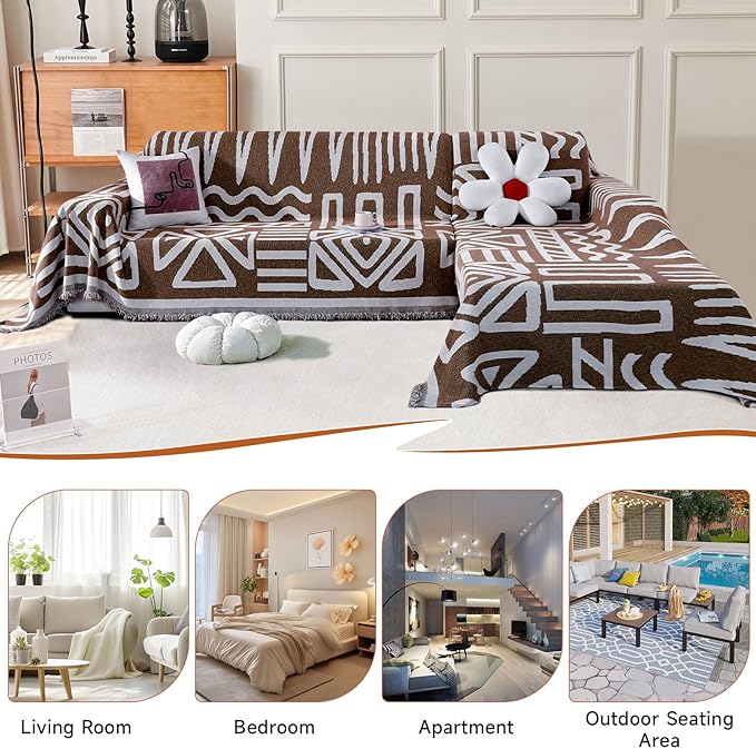 VClife Oversize Couch Cover, 1 Piece Boho Tribal Chocolate and White Geometric Jacquard Pattern Sofa Cover for 3 Cushion Couch Sofa, Soft Washable Chenille Living Room Sofa Slipcover for Sofa 91"X134"
