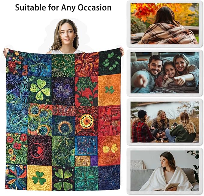 St Patricks Day Throw Blanket, Patchwork Style, Printed Shamrock Clover Blanket Gift for Women and Men, Lightweight Soft Fleece for Couch, Bed, Sofa, and Home Decor, 50x60 Inches