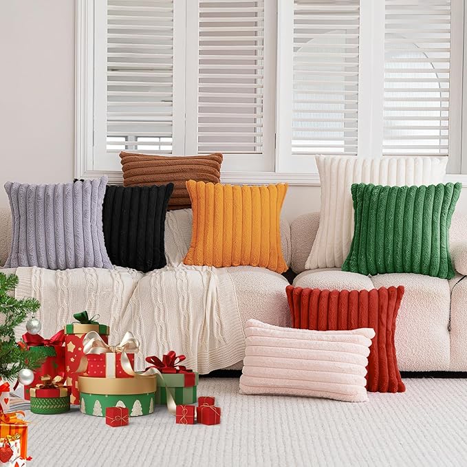 Double-Sided Faux Fur Plush Fall Throw Pillow Covers 16x16 Set of 2 Fuzzy Striped Soft Cozy Pillowcase Luxury Decorative Pillows Square Fluffy Cushion Covers for Couch Sofa Bed,Orange