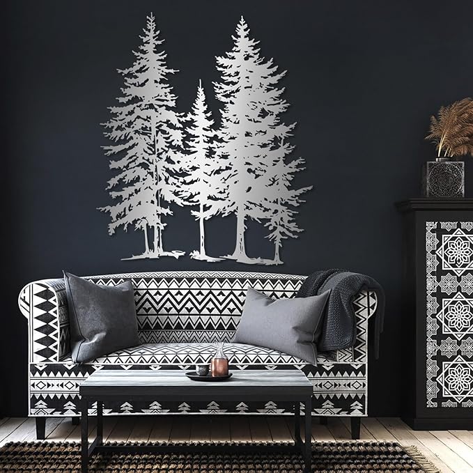 Sutanun Pine Tree Metal Wall Art – Large Rustic Farmhouse Branch Wall Sculpture for Living Room, Bedroom & Cabin – Nature Decor Gift for Nature Lovers (Silver, 19"x16"|47x40cm)