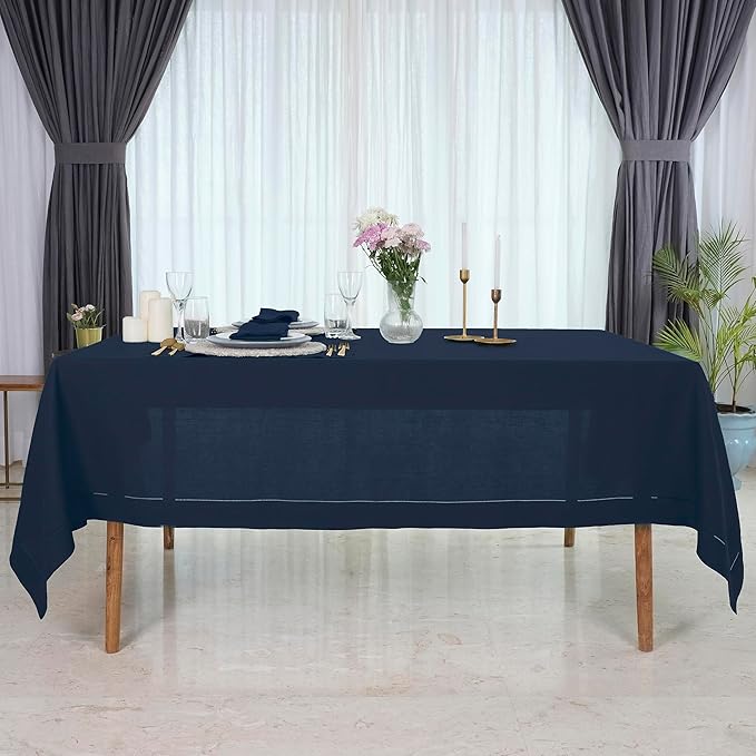 D'Moksha Homes Navy Blue Linen Tablecloth for Rectangle Tables 60 x 90 Inch - 100% Pure Linen Navy Table Cloth - Classic Hemstitch, Machine Washable Tablecloth for Thanksgiving, Holiday